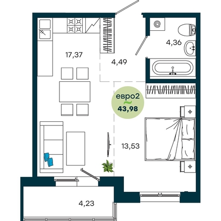 
  Продается 1-комн. квартира 43.98 м², в  ЖиВой комплекс на Кузьмихе. Фото 1.
