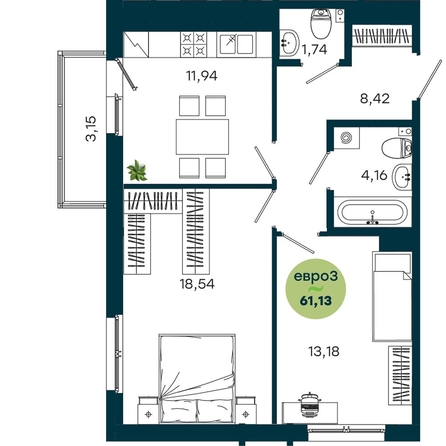 
  Продается 2-комн. квартира 61.13 м², в  ЖиВой комплекс на Кузьмихе. Фото 2.