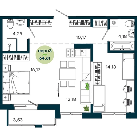 
  Продается 2-комн. квартира 64.61 м², в  ЖиВой комплекс на Кузьмихе. Фото 2.