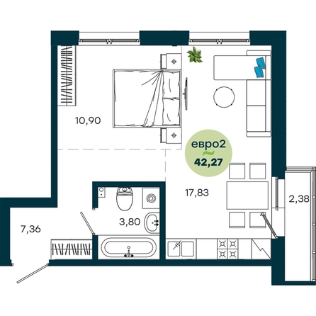 
  Продается 1-комн. квартира 42.27 м², в  ЖиВой комплекс на Кузьмихе. Фото 2.