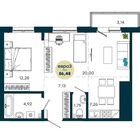 
  Продается 2-комн. квартира 56.48 м², в  ЖиВой комплекс на Кузьмихе. Фото 2.