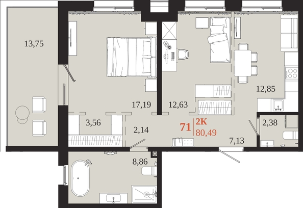 
  Продается 2-комн. квартира 80.49 м², в ЖК 1661. Фото 1.