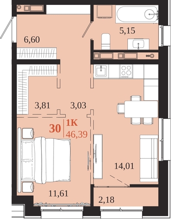 
  Продается 1-комн. квартира 46.39 м², в ЖК 1661. Фото 1.