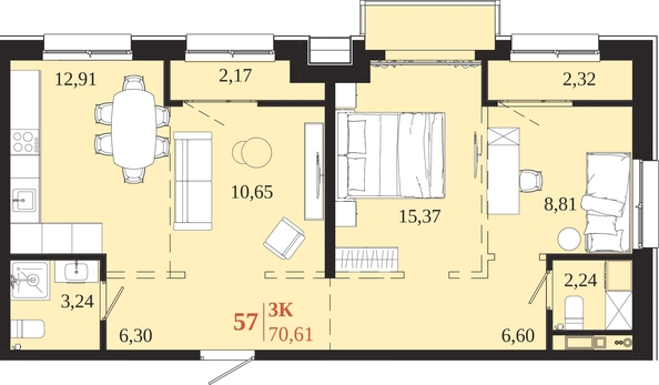 
  Продается 3-комн. квартира 70.61 м², в ЖК 1661. Фото 1.