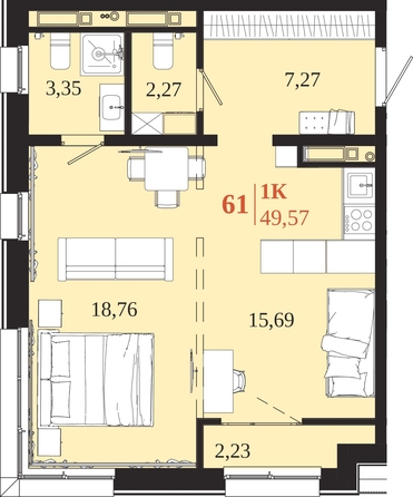 
  Продается 1-комн. квартира 49.57 м², в ЖК 1661. Фото 1.