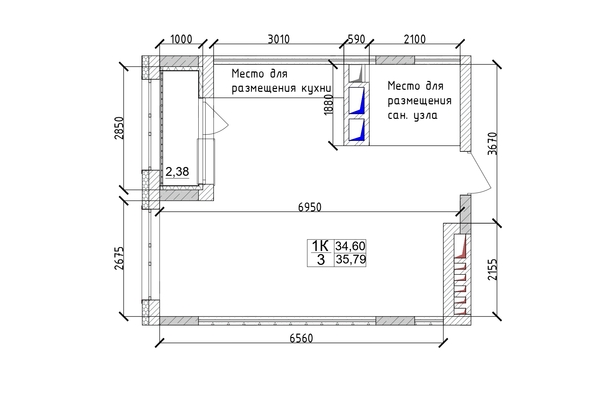 
   Продам 1-комнатную, 35.79 м², 7 высот, дом 6а

. Фото 3.