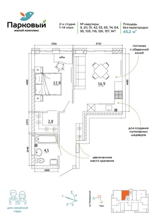 
  Продается 2-комн. квартира, 45.2 м², ЖК Парковый, дом 3 этап 1
. Фото 1.