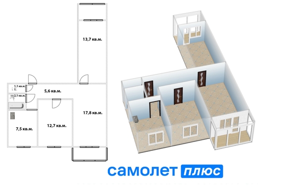 
  Продается 3-комн. квартира, 60.6 м², Марковцева ул, д. 16
. Фото 2.