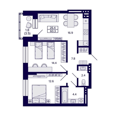 
  Продается 2-комн. квартира, 60.3 м², ЖК Сподвижники
. Фото 1.