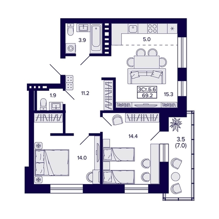
  Продается 3-комн. квартира, 69.2 м², ЖК Сподвижники
. Фото 1.