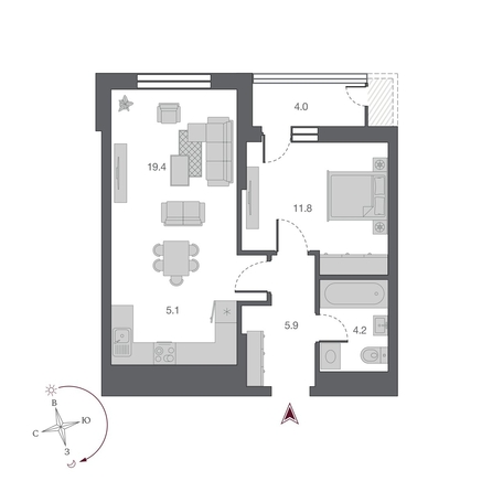 
  Продается 2-комн. квартира, 50.4 м², ЖК Беринг, дом 2
. Фото 2.