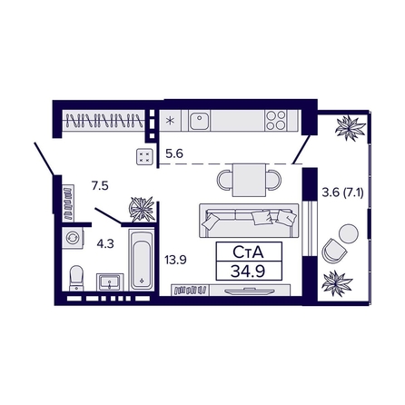 
  Продается студия, 34.9 м², ЖК Luna (Луна)
. Фото 1.