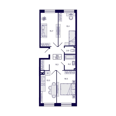 
  Продается 3-комн. квартира, 77.8 м², ЖК Gorizont (Горизонт)
. Фото 1.