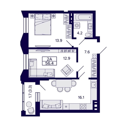 
  Продается 2-комн. квартира, 56.4 м², ЖК Grando (Грандо)
. Фото 1.