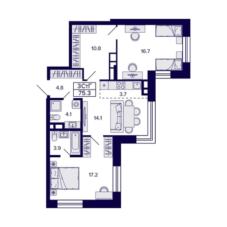 
  Продается 3-комн. квартира, 75.3 м², ЖК Citatum (Цитатум)
. Фото 1.