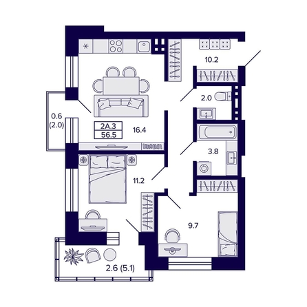 
  Продается 2-комн. квартира, 56.5 м², ЖК Сподвижники
. Фото 1.