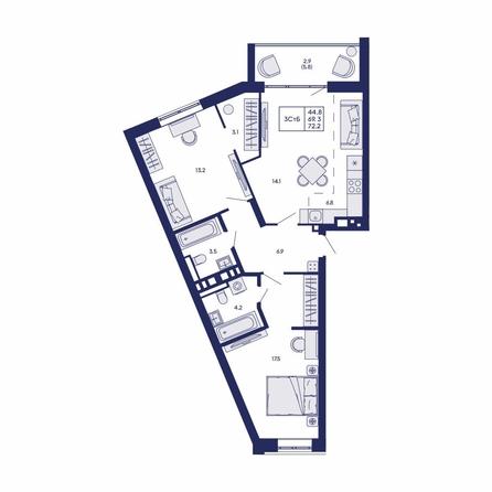 
  Продается 3-комн. квартира 72.2 м², в ЖК Горизонт, дом 2. Фото 2.
