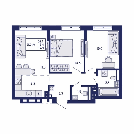 
  Продается 3-комн. квартира 49.4 м², в ЖК Горизонт, дом 2. Фото 1.
