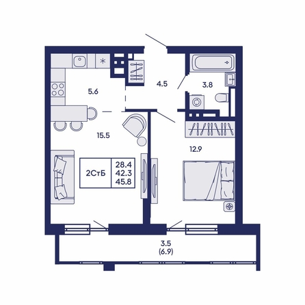 
  Продается 2-комн. квартира 45.8 м², в ЖК Горизонт, дом 2. Фото 2.