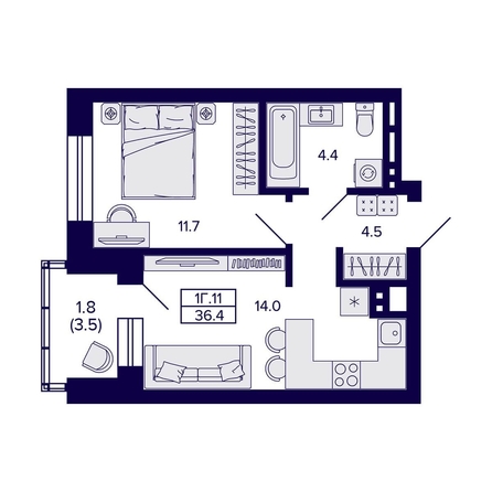 
  Продается 1-комн. квартира 36.4 м², в ЖК Сподвижники, дом 1. Фото 1.