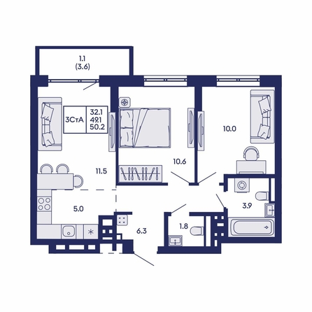 
  Продается 3-комн. квартира 50.2 м², в ЖК Горизонт, дом 2. Фото 4.