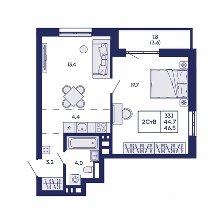 
  Продается студия 46.5 м², в ЖК Горизонт, дом 2. Фото 1.