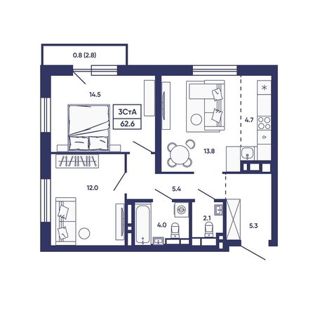 
  Продается 3-комн. квартира 62.6 м², в ЖК Сподвижники, дом 2. Фото 2.