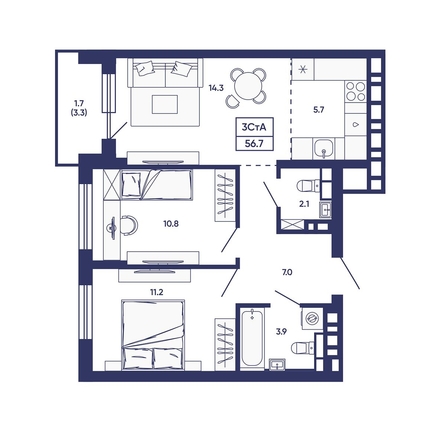 
  Продается 3-комн. квартира 56.7 м², в ЖК Сподвижники, дом 3. Фото 2.