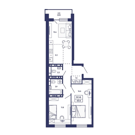 
  Продается 3-комн. квартира 63.6 м², в ЖК Сподвижники, дом 3. Фото 2.
