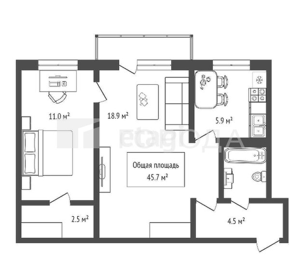 
  Продается 2-комн. квартира 45.7 м². Фото 2.