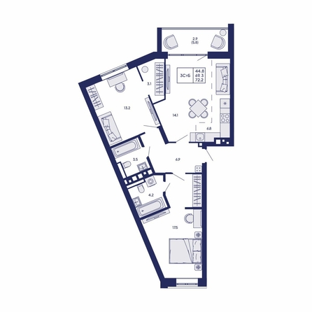 
  Продается 3-комн. квартира 72.2 м², в ЖК Горизонт, дом 2. Фото 1.