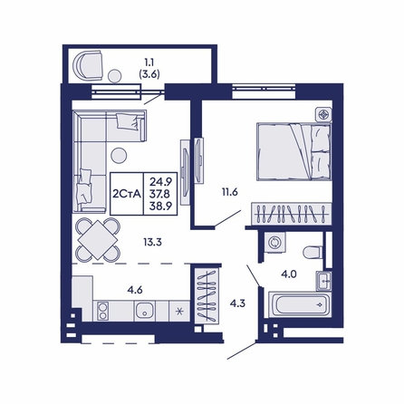 
  Продается 2-комн. квартира 38.9 м², в ЖК Горизонт, дом 2. Фото 2.