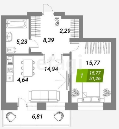 
  Продается 1-комн. квартира 51.26 м², в ЖК Бирюзовая жемчужина-2. Фото 1.