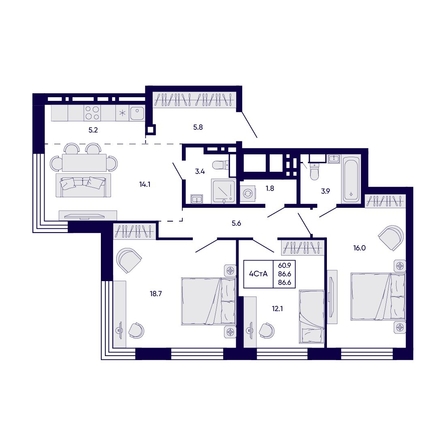 
  Продается 4-комн. квартира 86.6 м², в ЖК Цитатум. Фото 1.