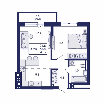 
  Продается 2-комн. квартира 40.2 м², в ЖК Горизонт, дом 2. Фото 1.