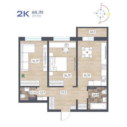 
  Продается 2-комн. квартира 65.7 м², в ЖК Радуга Сибири, дом 10. Фото 1.
