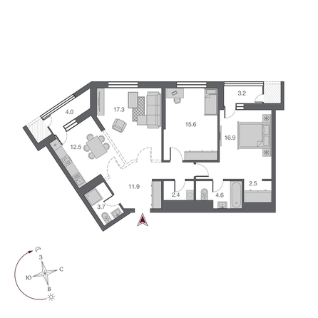 
  Продается 3-комн. квартира 92.7 м², в ЖК Беринг, дом 2. Фото 1.