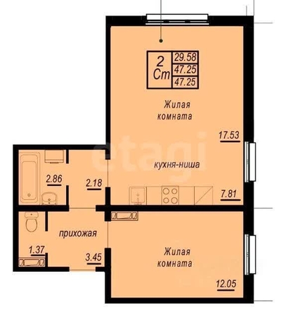 
  Продается 2-комн. квартира 47.25 м², в ЖК На Снежиной, дом 2. Фото 6.