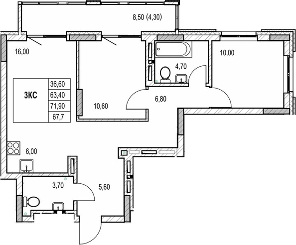 
  Продается 2-комн. квартира 63.4 м², в ЖК Автограф. Фото 1.