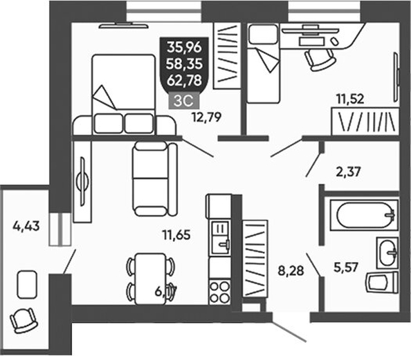 
  Продается 2-комн. квартира 59.23 м², в ЖК Ермак. Фото 1.