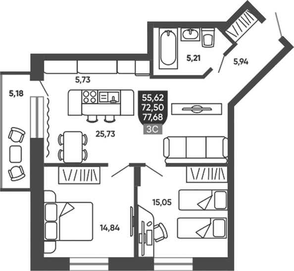 
  Продается 2-комн. квартира 73.54 м², в ЖК Ермак. Фото 1.