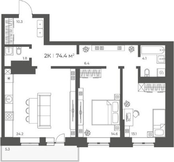 
  Продается 2-комн. квартира 74.41 м², в ЖК Черемушки на Приморской. Фото 1.