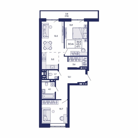 
  Продается 3-комн. квартира 67.1 м², в ЖК Горизонт, дом 2. Фото 1.