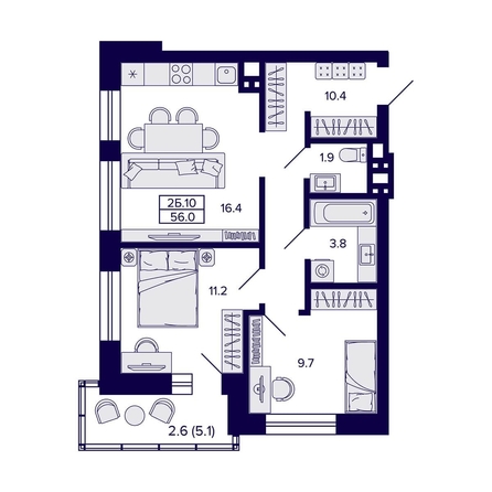 
  Продается 2-комн. квартира 56 м², в ЖК Сподвижники, дом 1. Фото 1.