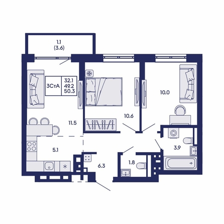 
  Продается 3-комн. квартира 50.3 м², в ЖК Горизонт, дом 2. Фото 1.