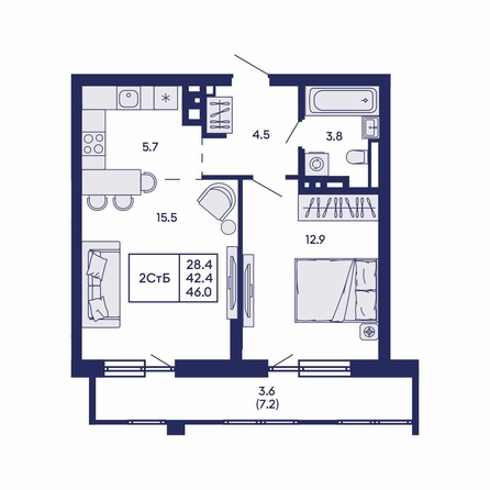 
  Продается 2-комн. квартира 42.1 м², в ЖК Горизонт, дом 2. Фото 1.