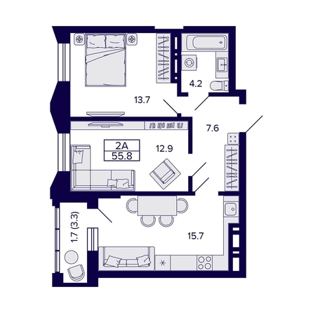 
  Продается 2-комн. квартира 55.8 м², в ЖК Грандо. Фото 1.
