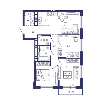 
  Продается 4-комн. квартира 74.1 м², в ЖК Сподвижники, дом 2. Фото 1.