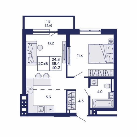 
  Продается 2-комн. квартира 40.2 м², в ЖК Горизонт, дом 2. Фото 1.