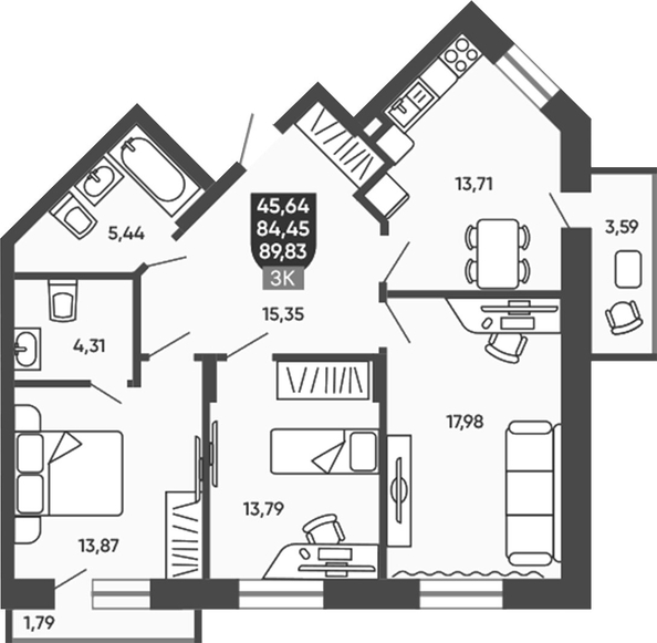 
  Продается 3-комн. квартира 84.45 м², в ЖК Ермак. Фото 1.